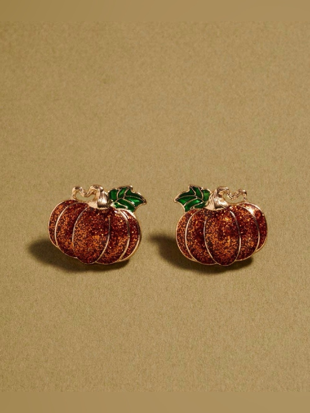 Glitter Enamel Pumpkin Stud Earrings - Orange & Green